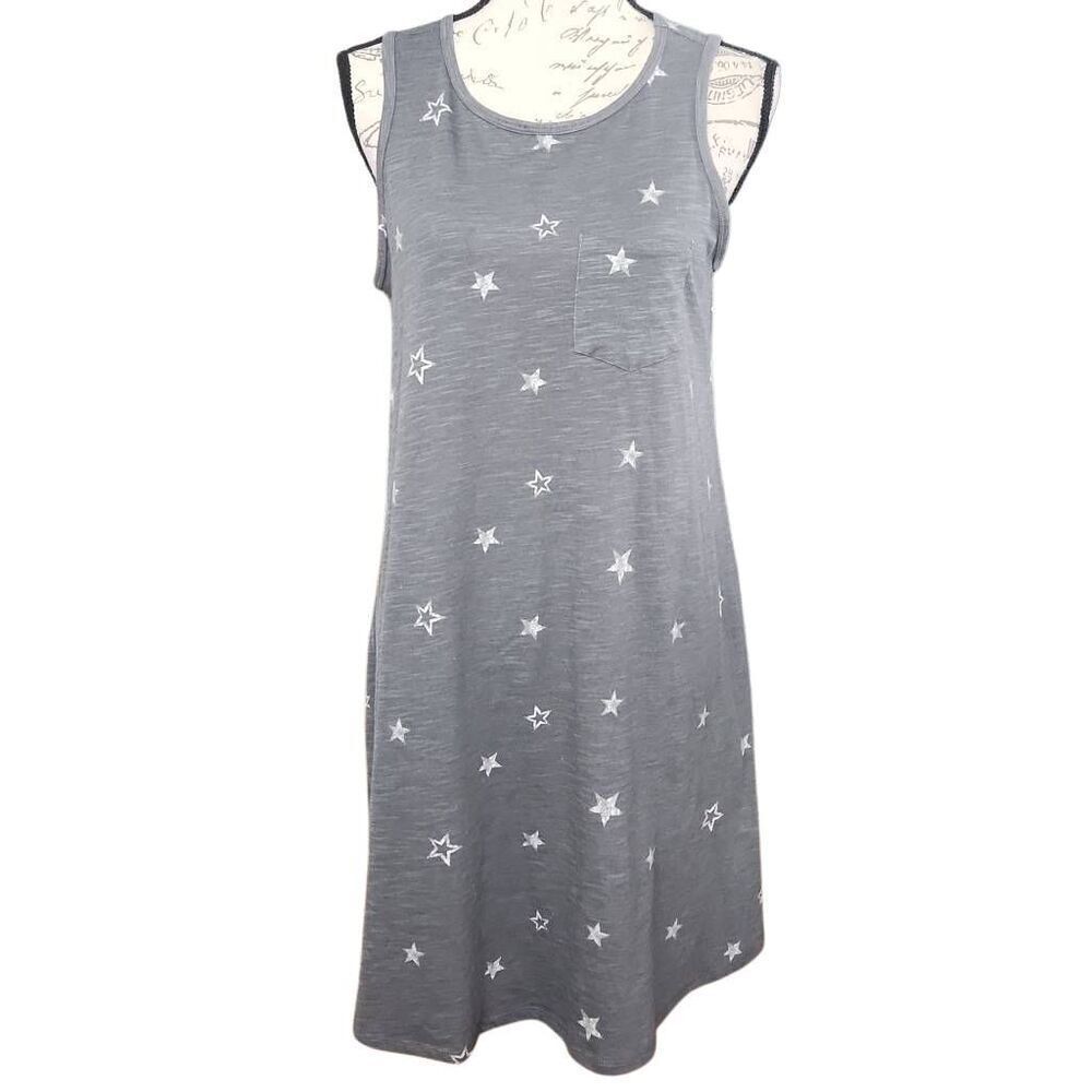 Sonoma Women's Size Medium Gray White Star Print Tank Swing Dress w/ Pockets